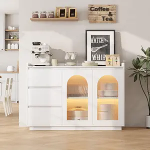 48 inch Wide Buffet Cabinet Storage Sideboard Modern Kitchen Buffet Table with 3 Drawers and Glass Doors and 3 Color Led Lights for Kitchen and Dining Room