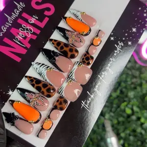 Handmade Nails Matching Set with Cheetah Print and Flower Design - Custom Nail Art Collection