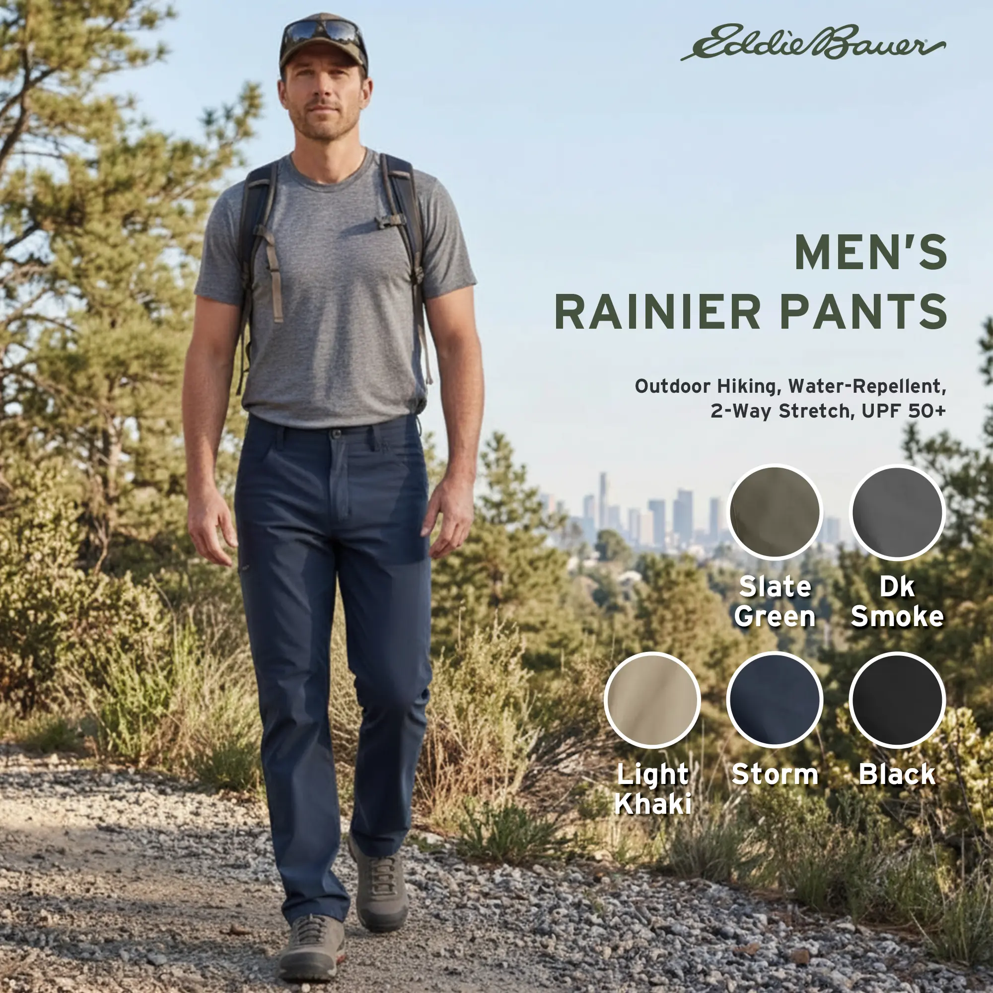 Eddie Bauer Men's Rainier Pants - Outdoor Hiking, Water-Repellent, 2-Way Stretch, UPF 50+