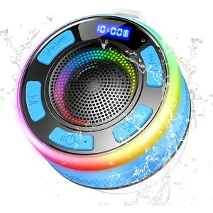 Shower Speaker, Portable Shower Speakers IP7  with Suction Cup and Time Display, Dynamic LED Lights and Dual Stereo Pairing, Handsfree Speaker with Mic for Bathroom, Blue Audio Smartphone