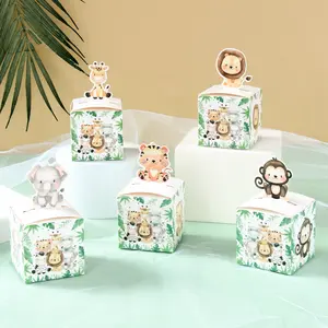 New 24PCS Jungle Safari Animals Candy Boxes Birthday Party Decoration Kids Gift Packaging Box Wild One Baby Shower Gifts Box Bag Gifts