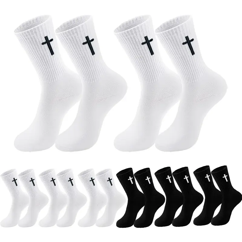 Menswear Basic Quilted Religious Inspirational Cross Mid-Calf Prayer Socks (2/5 Pairs) for Couples, Breathable Soft Stretch Comfort Fit, Birthday Christmas Gift Stockings