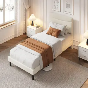 Garvee Beige Velvet Twin Bed Frame with Upholstered Headboard, Sturdy Wood Slats Support, Platform Design, No Box Spring Needed, Easy Assembly, and Noise-Free Experience