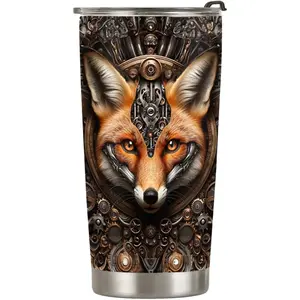 20oz Fox Gifts for Fox Lovers, Mechanical Clockwork Steampunk Fox Tumbler Cup, Stainless Steel Insulated Travel Mug with Lid, Coffee Thermos for Women - O