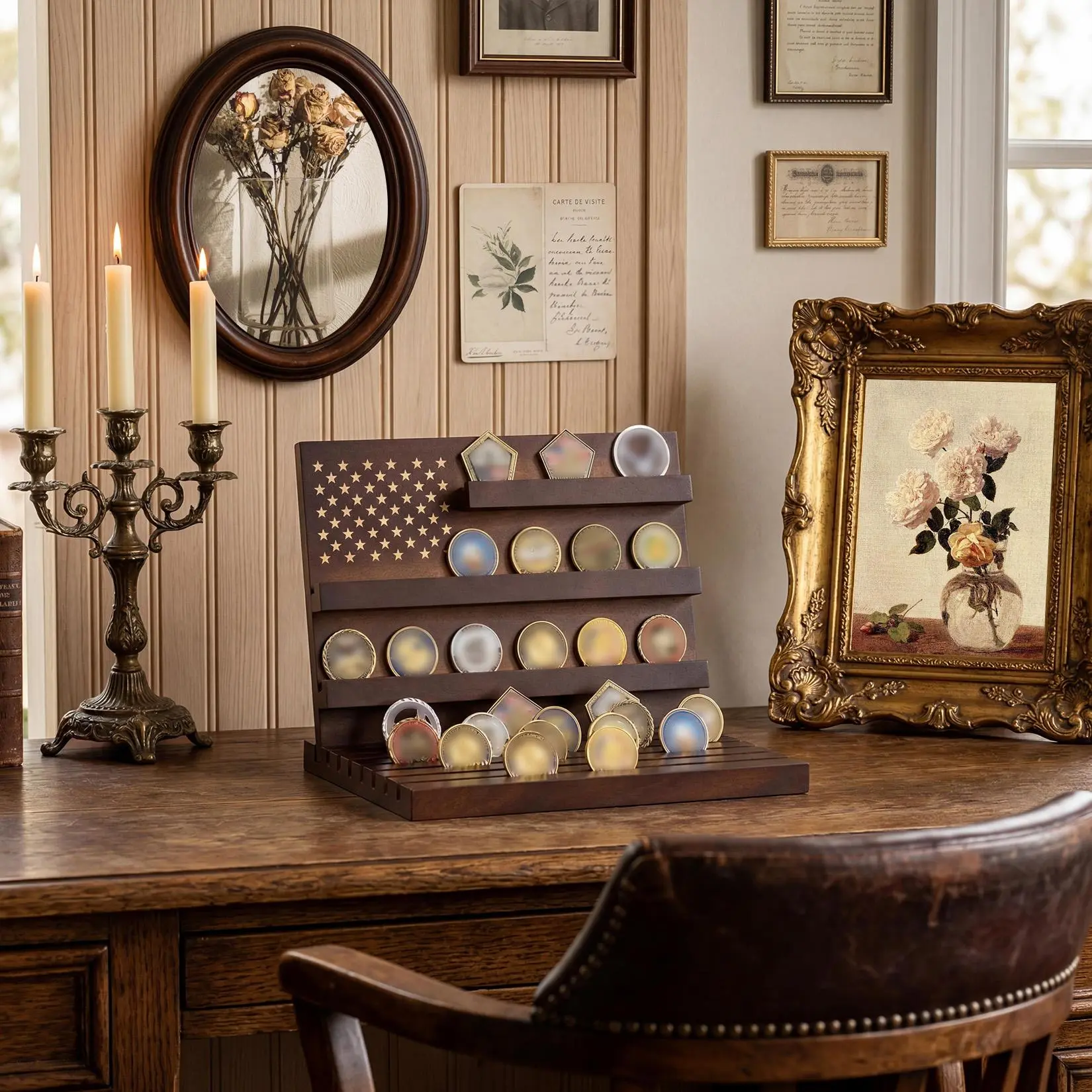 Wooden military coin display rack, walnut veneer challenge coin rack, multi-tiered collectible coin rack