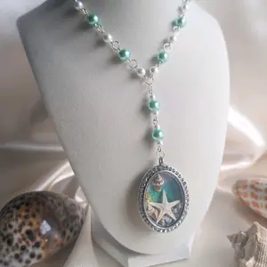 Mermaid Core Beaded Rosary Necklace, Floating Locket, Seashells, Star Fish, Coastal Cowgirl, Summer Jewelry, Beach Necklace, Ocean, Mermaid Jewelry, Festival, Cottage Core