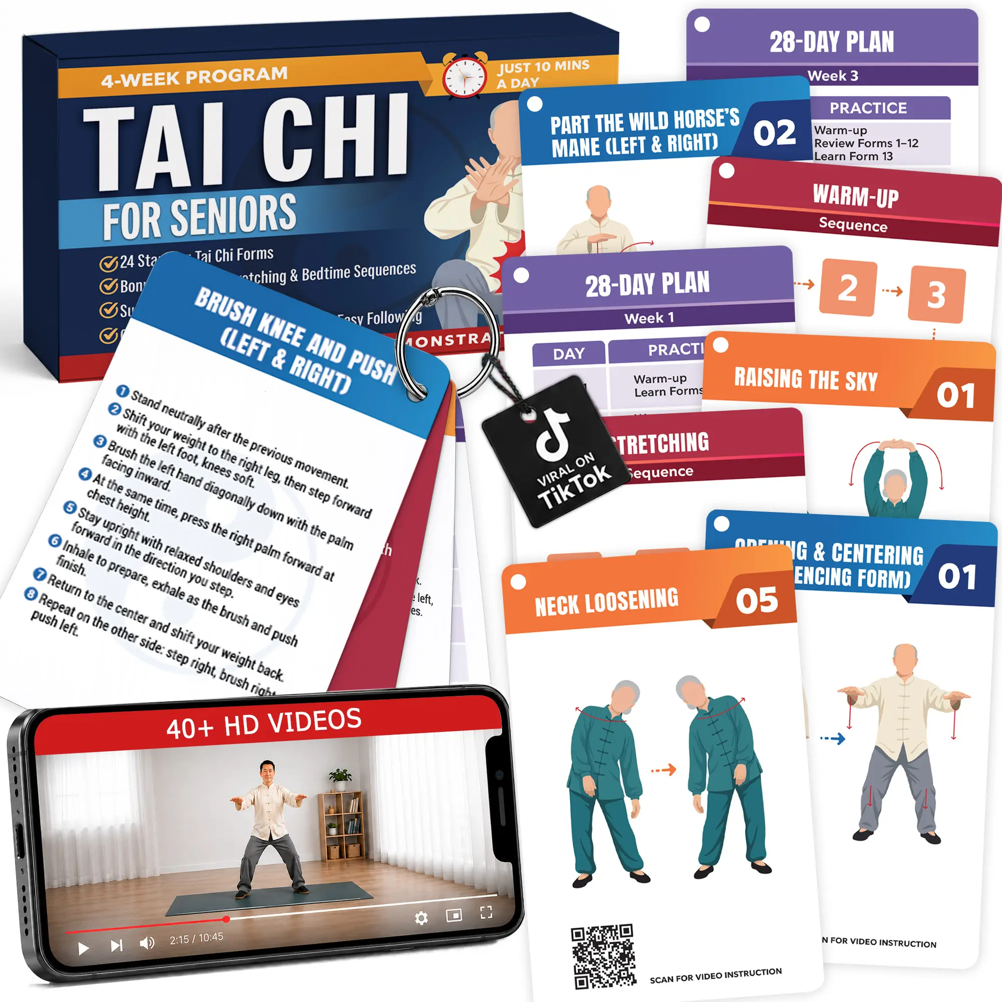 Tai Chi for Seniors Over 60: 28-Day Gentle 10-Minute Exercise Plan with 46+ Illustrated Cards, Video Tutorials & Balance Training