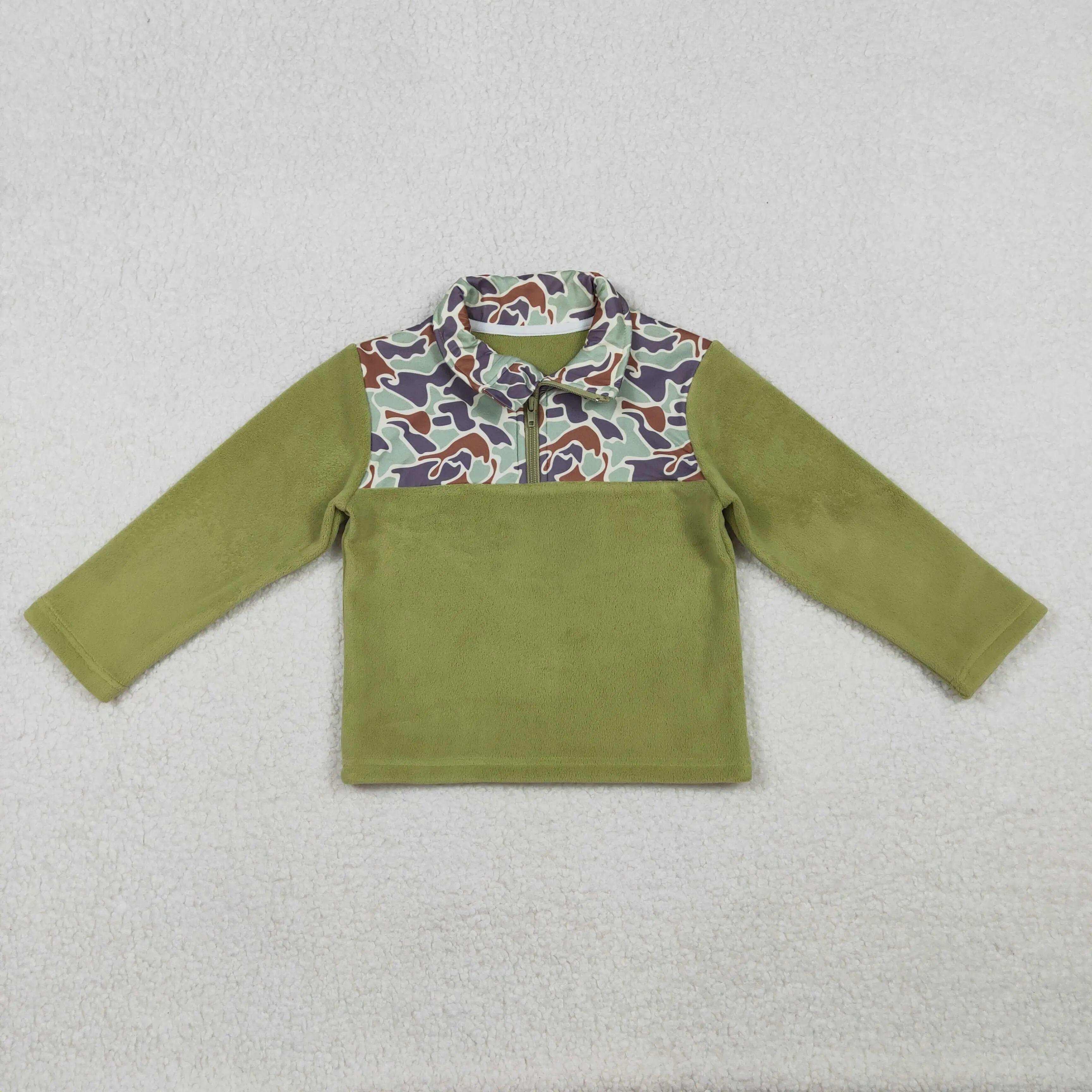 BT1308 sherpa hunting camo green zipper long sleeve boys pullover