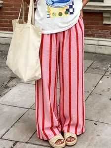 Women's Pink & Red Vertical Striped Wide-Leg Pants, Elastic Waist Lightweight Crinkled Linen-Like Trousers, Casual Summer Bottoms for Street & Vacation Style