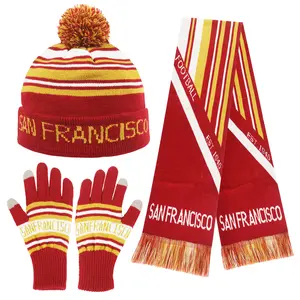 Knitted San Francisco Ribbed Beanie Scarf & Gloves Set Jacquard Design Elastic Warm Winter Accessories for Football Fans Winter Fashion