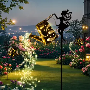 Solar Outdoor Lights Fairy Theme Watering Can Lantern - Solar-Powered, Cascading Lights, Built-In Cells, Waterproof Metal, 33in Height, 8.3in Diameter, Hanging Outdoor Garden Accessories for Christmas, Deck