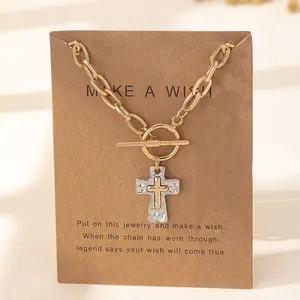 Golden Retro Boho Cross Pendant Necklace Chunky Hammered Mixed Metal Cross Necklace for Women Unique Chain Necklace Religious Christian Cross Daily Party Jewelry Gift with Card for Her, Valentine Gifts.