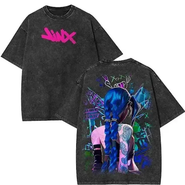 Arcane Jinx League Of Legends Graphic T Shirt Acid Wash Oversized Vintage Heavyweight Cotton Tee Cyberpunk Neon Graffiti Gamer Streetwear Y2K Grunge Anime Casual Top Men Women Trendy Fits Classic Apparel