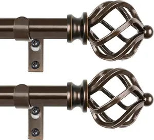 2 Pack Curtain Rods 32 to 58 Inches (2.6-4.8ft), 3/4 Inch Curtain Rods for Windows Splicing Adjustable Single Drapery Rod with Twisted Cage Finial, for Indoor and Outdoor, Bronze