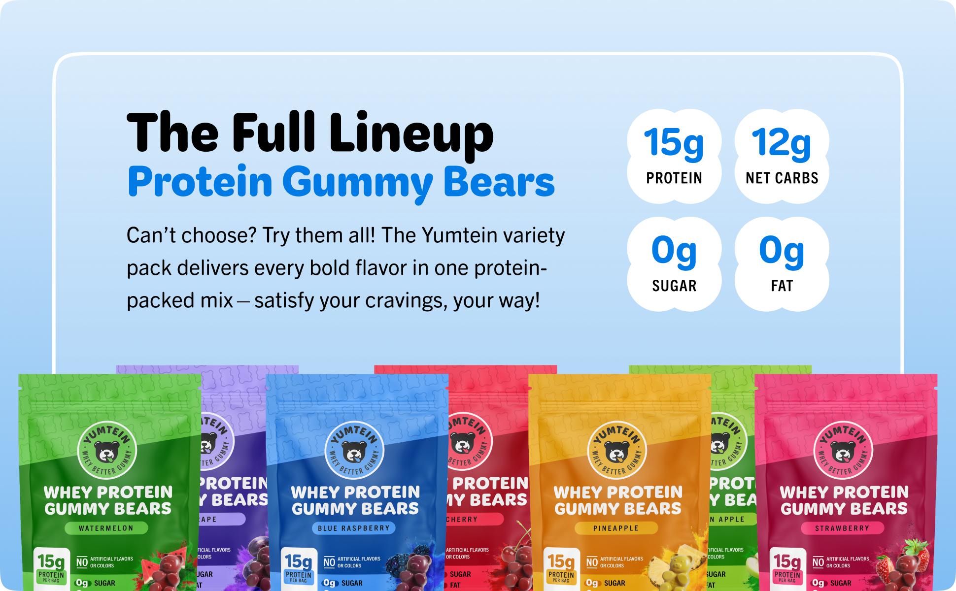 Yumtein Protein Gummy Bears - 15g Protein, 0g Sugar, 0g Fat - Sugar Free Keto Candy Alternative - Halal Beef Gelatin - Natural Colors - The Full Lineup (150 Cal)