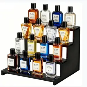 Black Display Risers Stand, 4 Tier, Plastic Cologne Organizer Perfume Stand, Cologne Display Shelf, Display for Vanity, Dresser, Figures, Cupcake, Dessert, Spice, Fragrance, Countertop, Cabinet Use