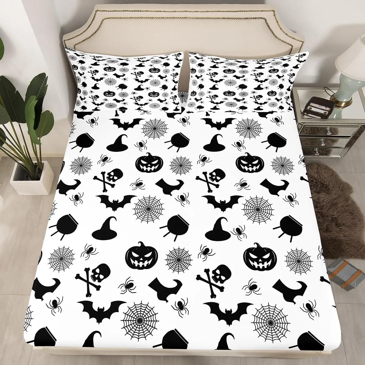 Feelyou Halloween Themed Deep Pocket Fitted Sheet - Vintage Bedding with Bat Print, Pumpkin, Skull and Spider Hat Prints, for Teens (No Top Sheet), Deep Pocket Sheets