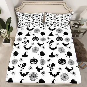 Feelyou Halloween Themed Deep Pocket Fitted Sheet - Vintage Bedding with Bat Print, Pumpkin, Skull and Spider Hat Prints, for Teens (No Top Sheet), Deep Pocket Sheets