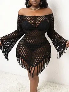 CURVE Summer Sexy Off Shoulder Fringe Knit Plus Size Coverup Black Semi-Sheer Wrist-Length Sleeve Beach Vacation Halloween Thanksgiving Day Day of the Dead