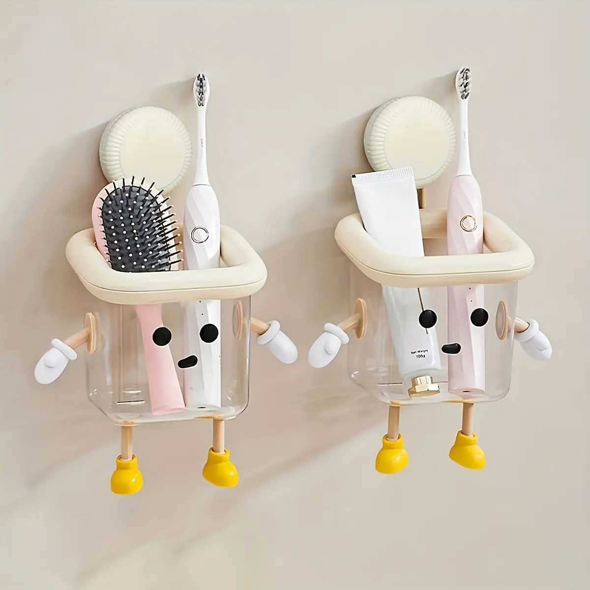 1 Cartoon Bathroom Auxiliary Hook Rack, Wall-mounted Non-drilling Suction Cup Hanger, Plastic Storage Box, Bathroom Accessory, Suitable for Washbasin Accessories, Toothbrush Storage, Durable Plastic, Shower Caddies