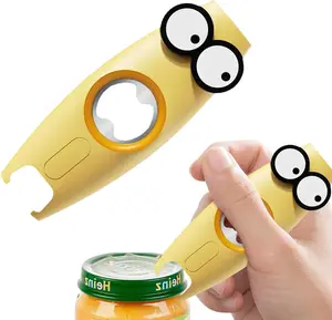 Multi-Function 5-in-1 Bottle Opener Tool for Beer Cans Jars Twist-Off Caps Soda Bottles with Fun Eyes Design Yellow Kitchen Utensil Utensils