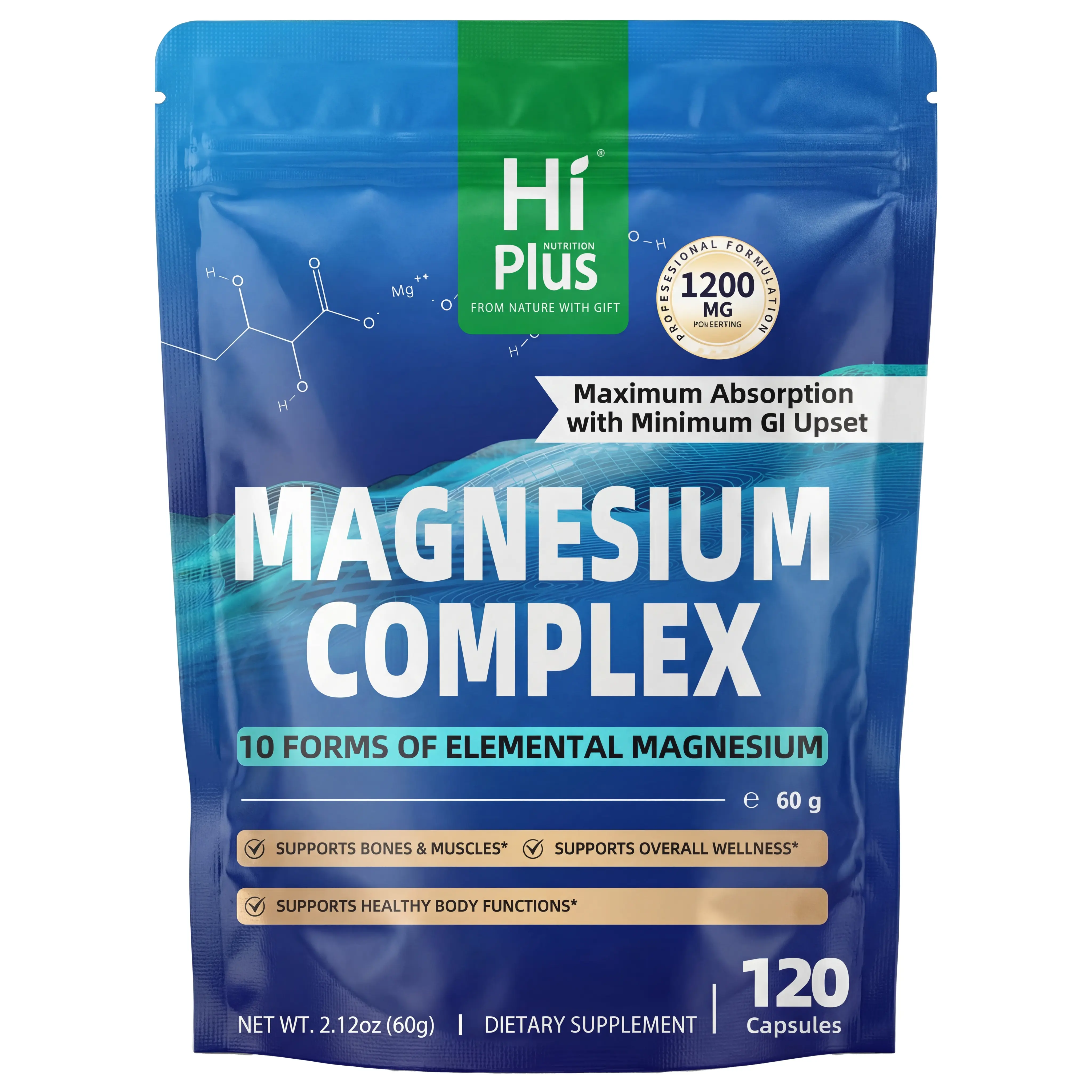 HiPlus Magnesium Complex 1200 mg, 10 Essential Magnesium Supplement Extra Strength for Men & Women, 120 Capsules, Supports Bones & Muscles