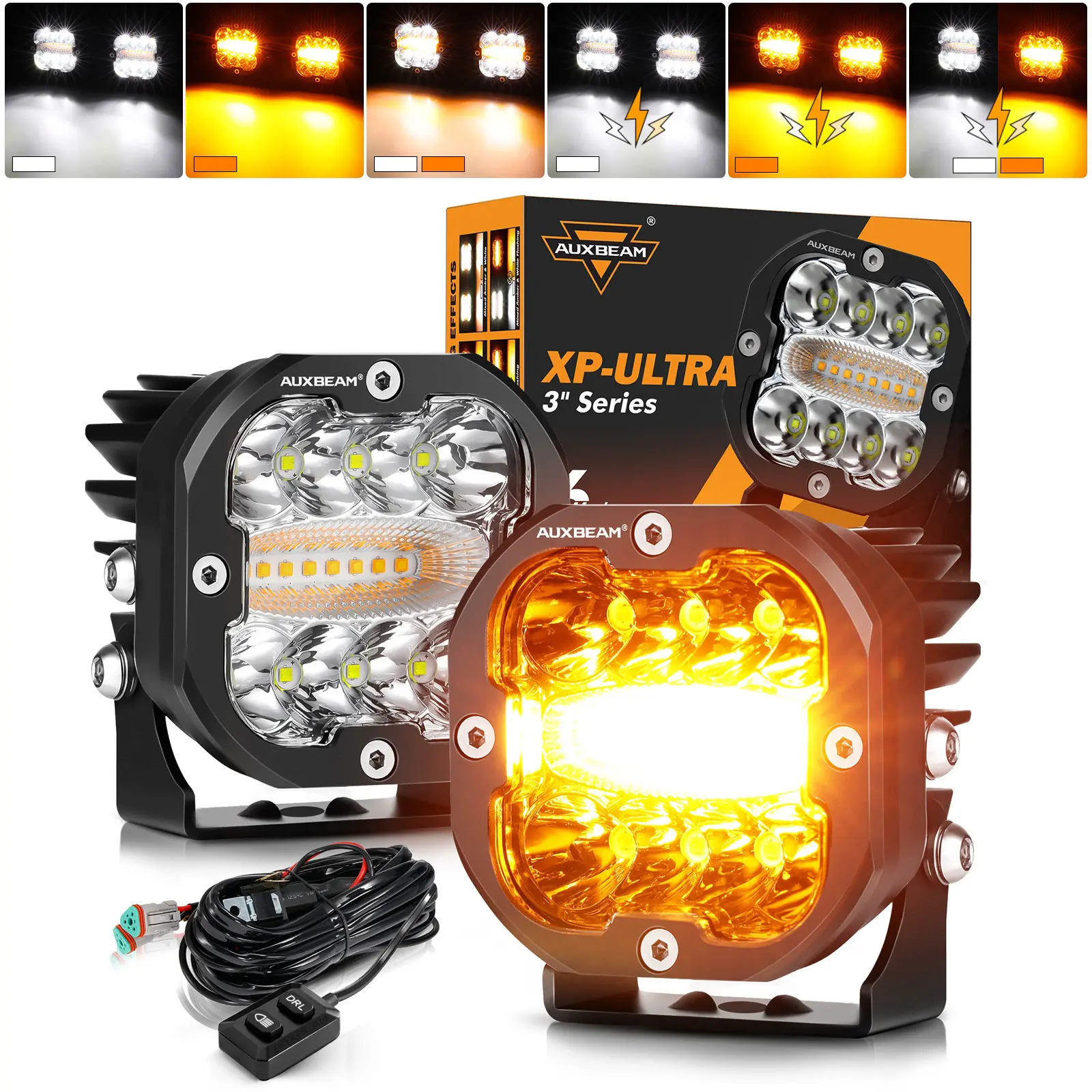 AUXBEAM XP-Ultra 3in 96W Power 1 Pair Aluminum LED Pods, 6-Mode White Amber Spot Flood Combo, 4800lm/pcs, IP68 Waterproof, Memory Function, Dual Button & 1-Click White Reset, Full Wiring Harness, Strobe Light Module, Offroad Car Truck Work Lights,toolupgr