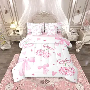 Feelyou 7-Piece Queen Quilt Bedding Set - Breathable Quilt, Cute Bowknot, Western Cherry Disco Ball Comforter, Hand-Drawn Heart Shaped Blanket, Soft Bedding for Girls