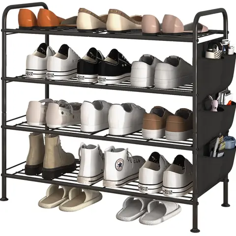SUOERNUO Freestanding Shoe Storage - 3-Tier/4-Tier Black Rectangular Stackable Shoe Rack, Iron Frame, Removable Pockets, Waterproof Paint, Rust-Resistant, Fits Entryways, Closets