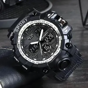 Rugged watch, Sporty waterproof watch, featuring time and date display, digital and analog readouts, luminous display, alarm, stopwatch, water-resistant, durable, scratch-resistant. Ideal for hiking, everyday wear—a great holiday gift
