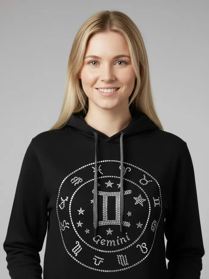 Gemini Rhinestone Zodiac Hoodie Unisex Bling Astrology Pullover