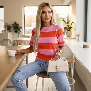 Women's Summer Tops Bright Pink Colorblock Striped Ribbed Knitted Round Neck T Shirt Stripe Top Casual Womenswear Tshirt