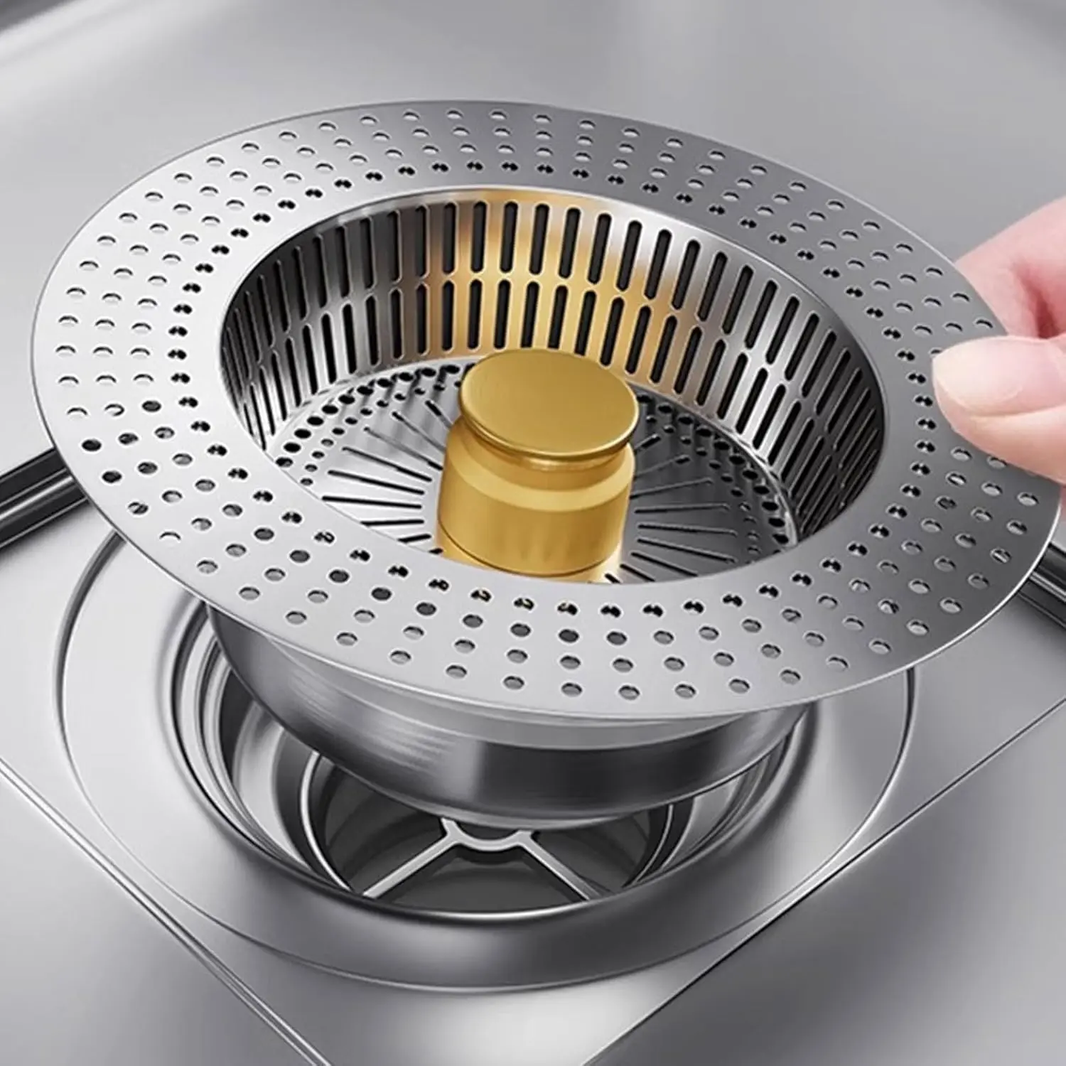 3-in-1 Sink Stopper Combo, Stainless Steel Sink Plug with Solid Brass Core, Anti-Clog Multi-Layer Food Catcher, Anti-Odor Detachable Debris Basket, Fast Drainage Kitchen Drain Cleaning Accessory
