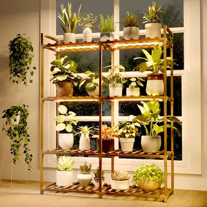 Bamworld 4-Tier Wooden Plant Stand with Grow Lights for Indoor Plants - Large Flower Holder Rack for Patio Living Room Balcony - Carbonized Eucalyptus Wood, Durable & Sturdy, Easy Installation