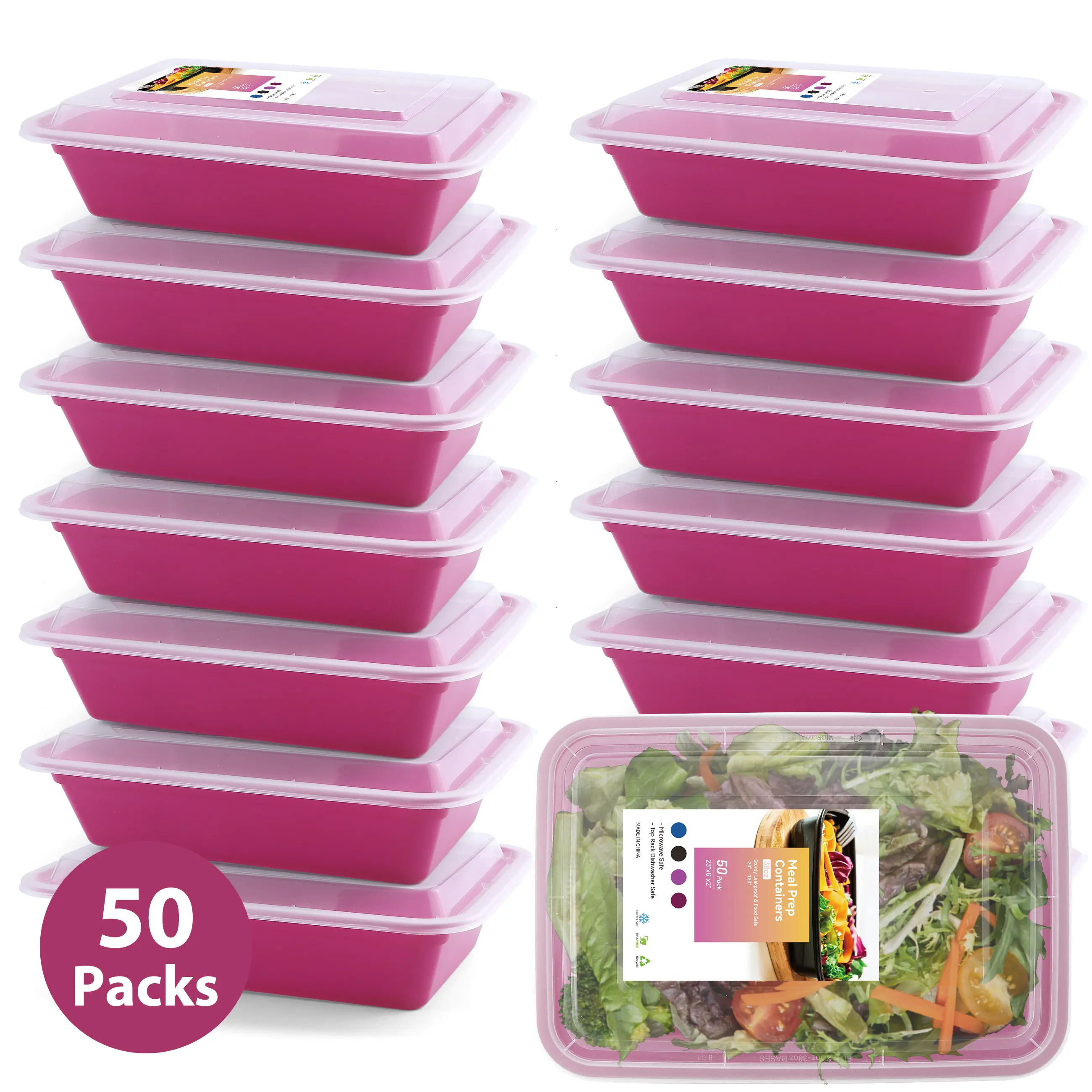 Magenta 50-Pack 1-Compartment Thick BPA-Free Food Grade Plastic Food Containers with Tight-Fit Lids, Reusable Stackable, Microwave Freezer Dishwasher Safe, Sturdy Leakproof, Ideal for Meal Planning, Meal Prep