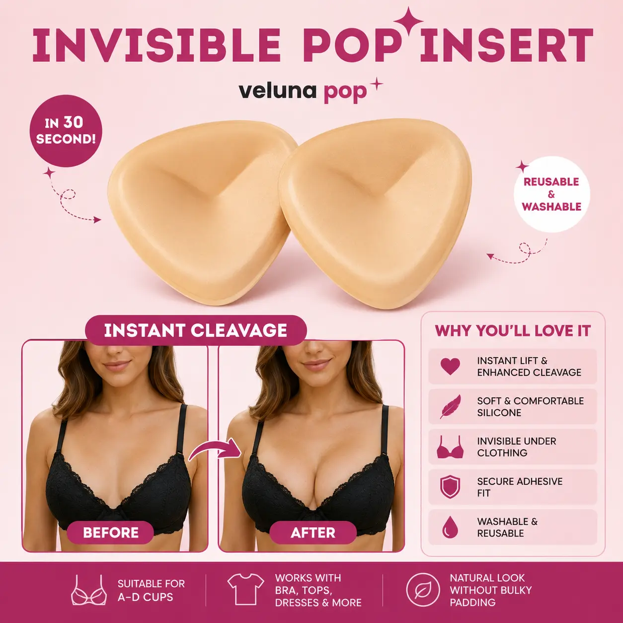 Push-Up Bra Inserts, Invisible Sticky Pads for Backless Dresses, Bikinis and Low-Cut Tops, Up to 2 Cup Sizes Lift, Reusable, Sizes A to D by Veluna Pop