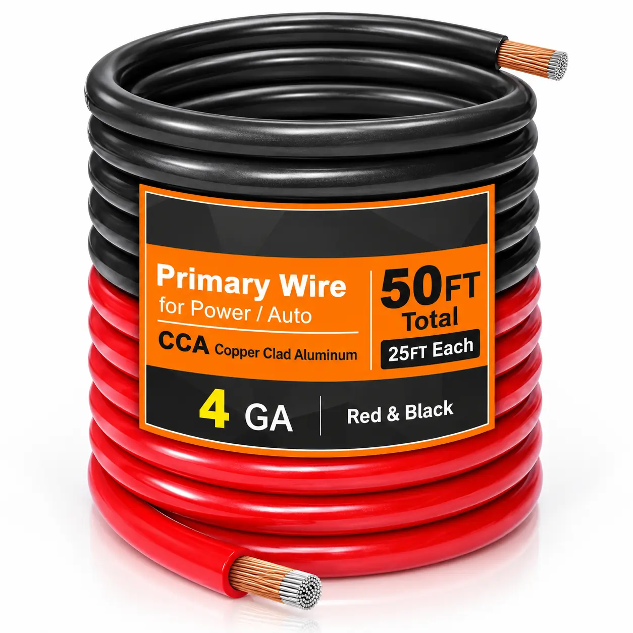 4 Gauge CCA Wire Set, 25FT Each 50FT Total, Primary Automotive Power/Ground Wire for Car Audio Amp, Battery, RV, Trailer, Solar & Inverter, Red/Black or Blue/Black