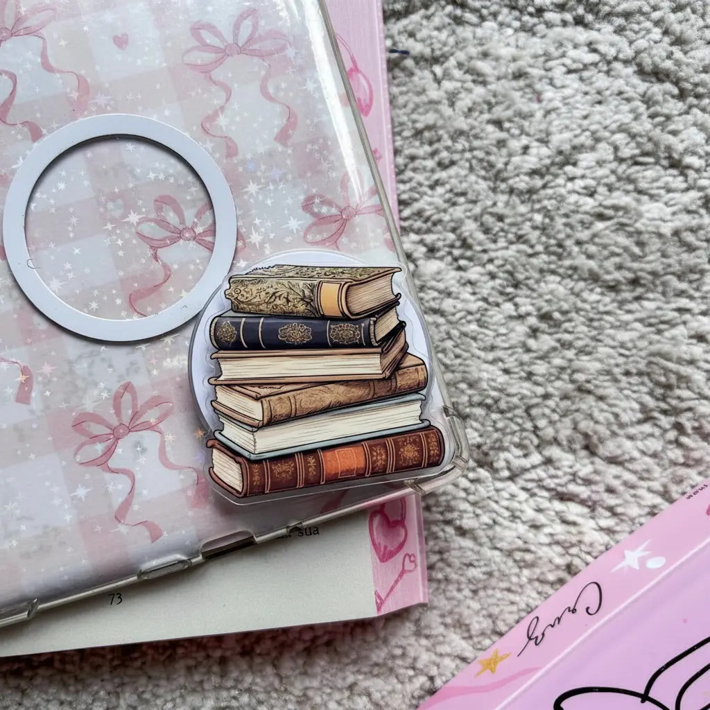 Classic Vintage Book Stack MagSafe Phone Grip for Kindle - Magnetic Stand Holder - Timeless Reader Accessory