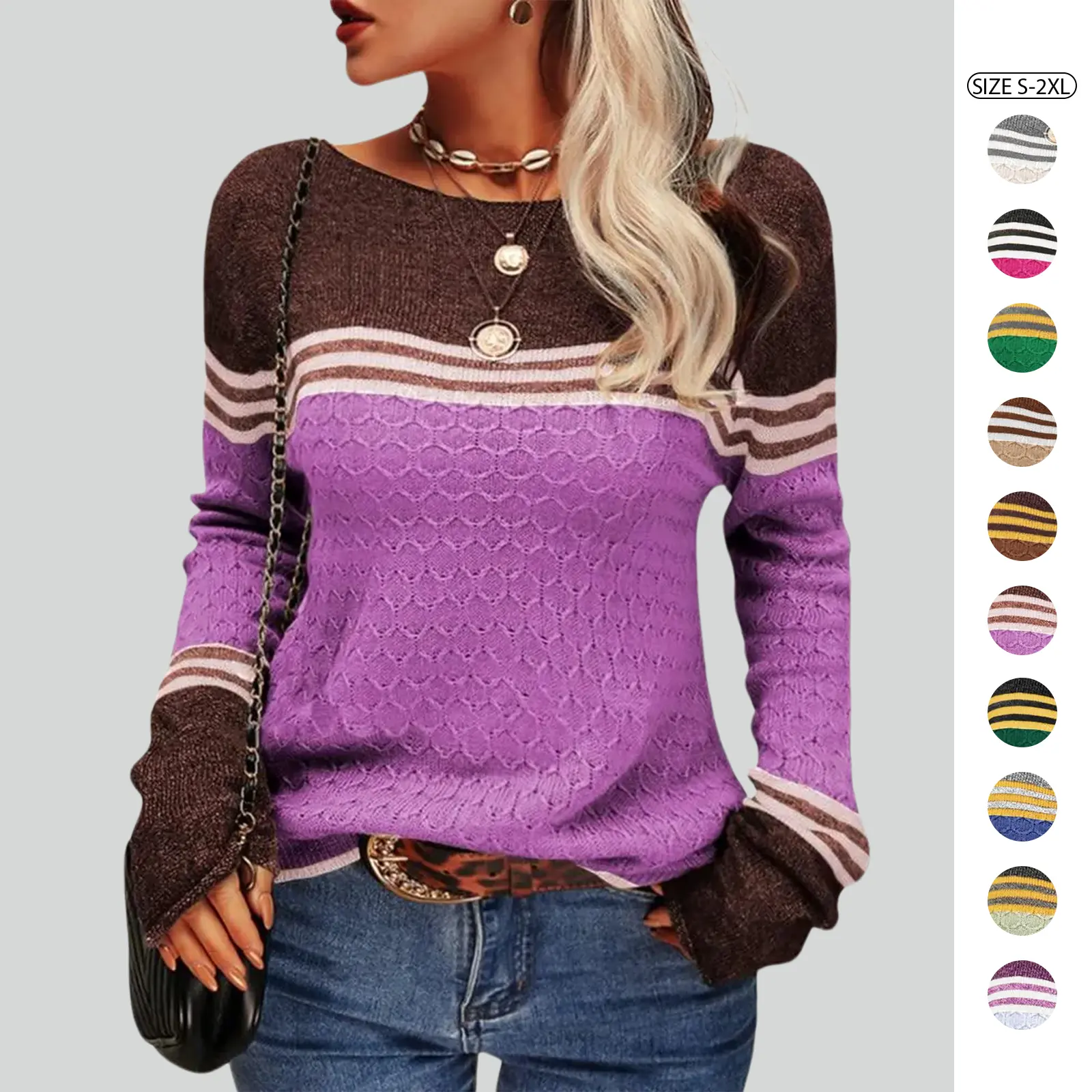 Women Autumn Winter Colorblock Pullover Sweaters Round Neck Striped Slim Fitting Knitwear Tops Women Autumn Winter Colorblock Pullover Sweaters Round Neck Striped Slim Fitting Knitwear Tops