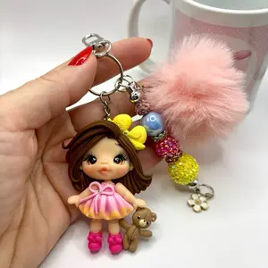 Keychain with Clay Doll Featuring with Pom Pom & Beaded Accents for Stylish Accessory.