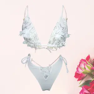 Frilly Lace Bikini Set - Light Blue with Lace Detail, Adjustable Straps, and Tie Detail