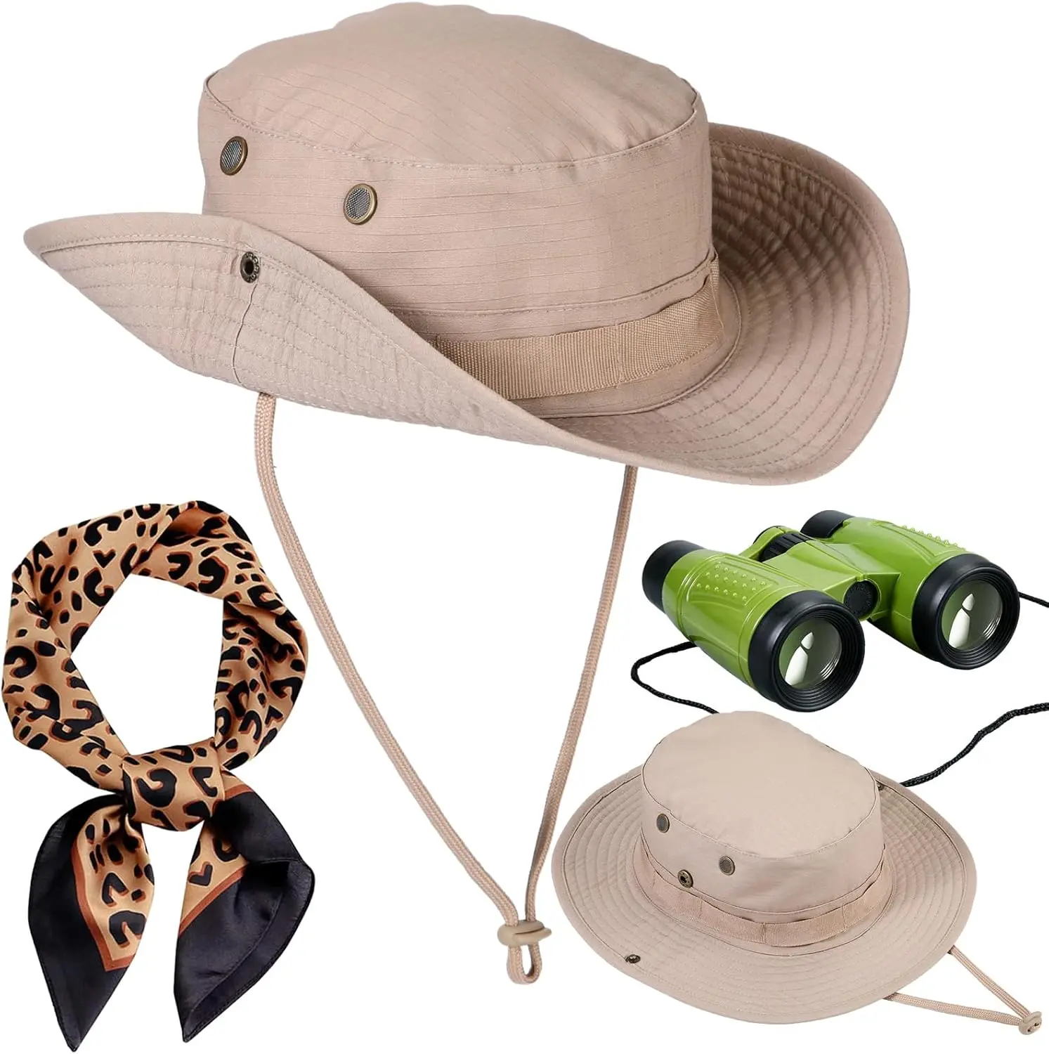 Jecery Women's 3-Pieces Zoo Keeper Cosplay Wear Set - Leopard Print Sun Bucket Hat, Scarf, Binocular Halloween Safari Costume Accessories, Female Set