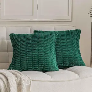 Dark Green Soft Corduroy Throw Pillow Covers 22x22 inch Set of 2 with Invisible Zipper for Sofa Couch Bed Christmas Decorative Boho Square Striped Cushion Covers