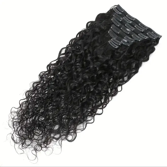 Unisex Brazilian Virgin Human Hair Clip-Ins, 12-28in Water Wave Curly Extensions, 8-Piece 120G High-Quality Curly Wavy Hairpiece, Natural Black 1B, Breathable Comfortable Wear, Clip Hair Extensions