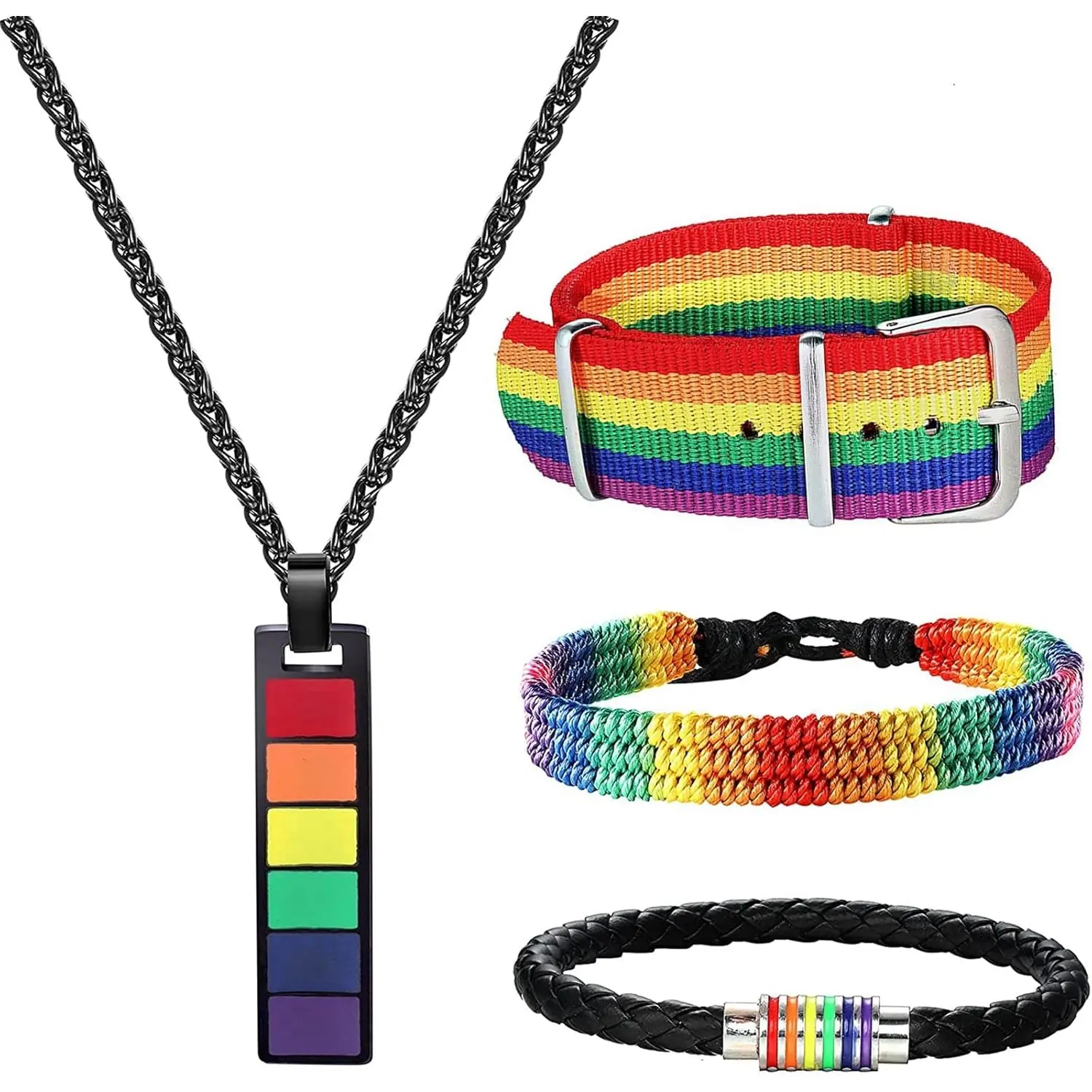 FINREZIO 4-Pc Fashion Geometric Rainbow Pride Jewelry Set - Stainless Steel Metal Coating Casual Everyday Necklaces & Adjustable Bracelets for Women, Ideal Gifts, Colorful, Daily
