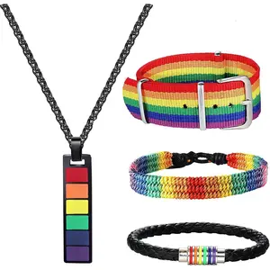 FINREZIO 4 Pcs Colorful Rainbow Pride Necklace Bracelets for Women Men Stainless Steel Pride Cheerful Jewelry Set for Daily Wearing Adjustable Bracelet Jewelry Gifts