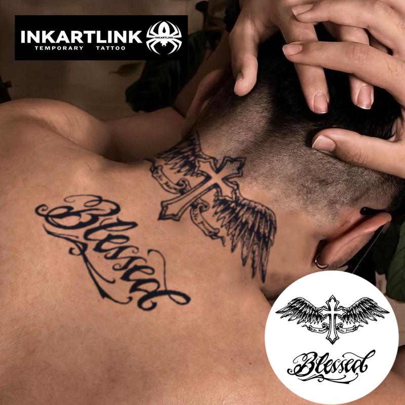 INKARTLINK Tattoo Tech,2 Sheets Extra-Large Semi Permanent Tattoo,Adult Art Design Temporary Tattoos, Lasts 1-2 Weeks, Waterproof, Realistic look, No Adhesive, No reflection (Bless Design?