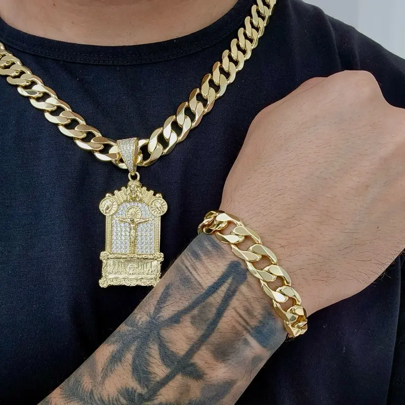 ViOrO 14K Gold Plated 12mm Cuban Link Chain with Bracelet and Zircon  Jesus Christ Pendant for Daily Use. Electro Laminated Premium Jewelry