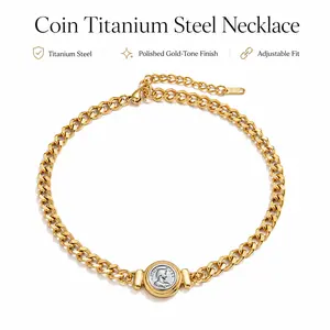 Stylish Versatile Gold Tone Coin Pendant Titanium Steel Cuban Link Necklace Daily Casual Jewelry