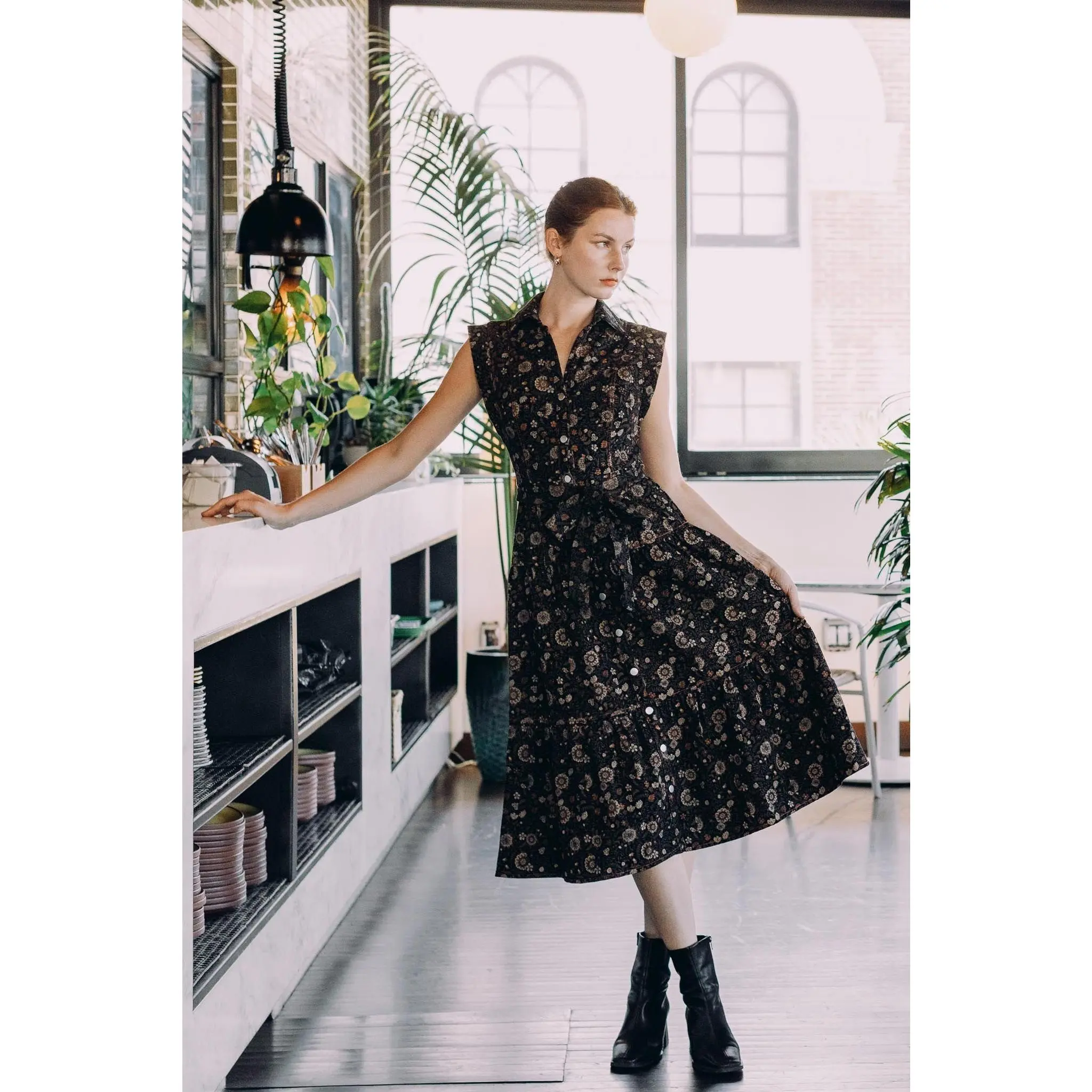 Tapestry Sleeveless Midi Shirt Dress - Black Multi